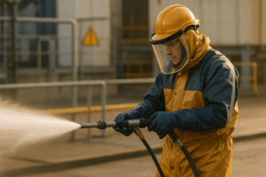 Man in Safety Gear for High-Pressure Water Work