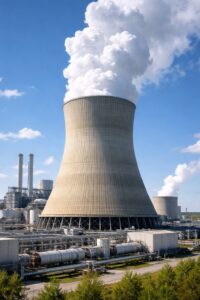 Industrial power plant with steaming tower